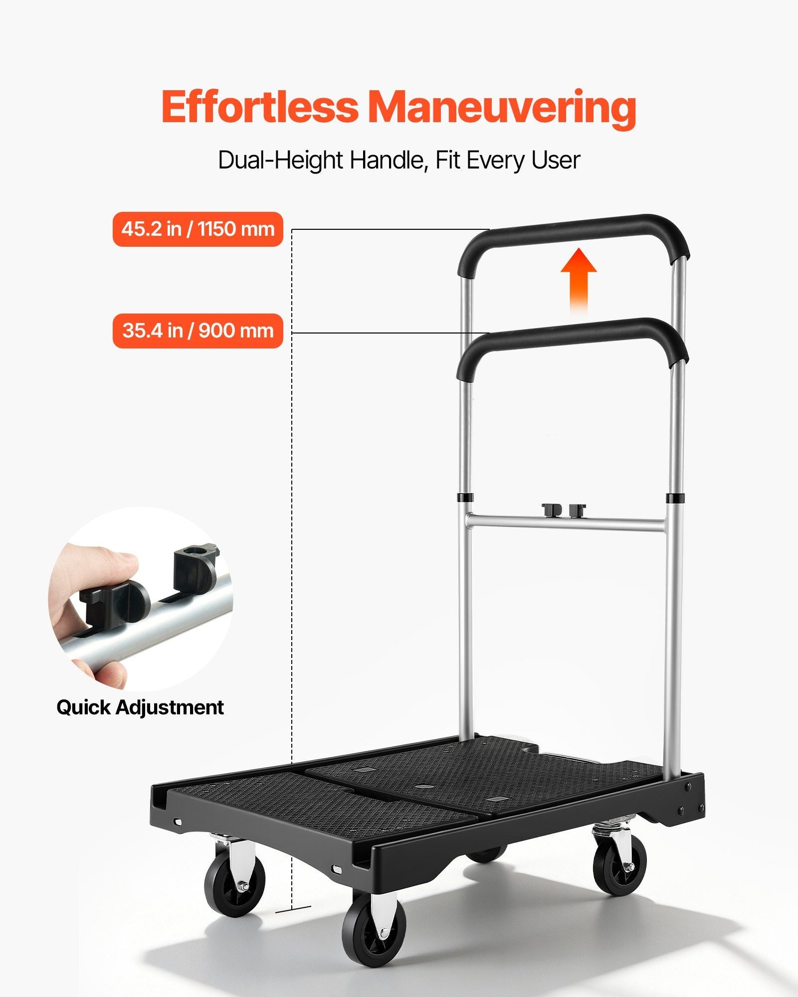 Foldable Push Cart Dolly, 149.69 kg Capacity, Folding Platform Truck with Swivel Wheels, Moving Platform Hand Truck Flatbed Cart, Adjustable Push Handle, for Easy Storage, 680 x 495 x 115 mm