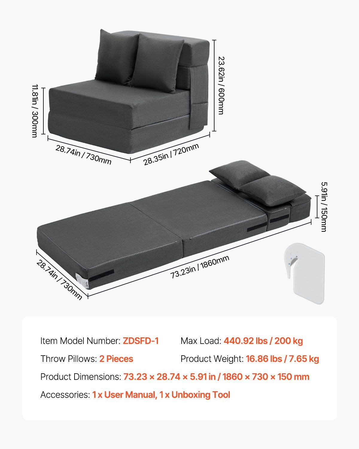 Folding Sofa Bed, 3-in-1 Foldable Couch Bed with 2 Pillows and Washable Cover, 25D High Density Memory Foam Convertible Sleeper Chair Bed, Futon Couch for Living Room, Bedroom, Dark Grey(Single)