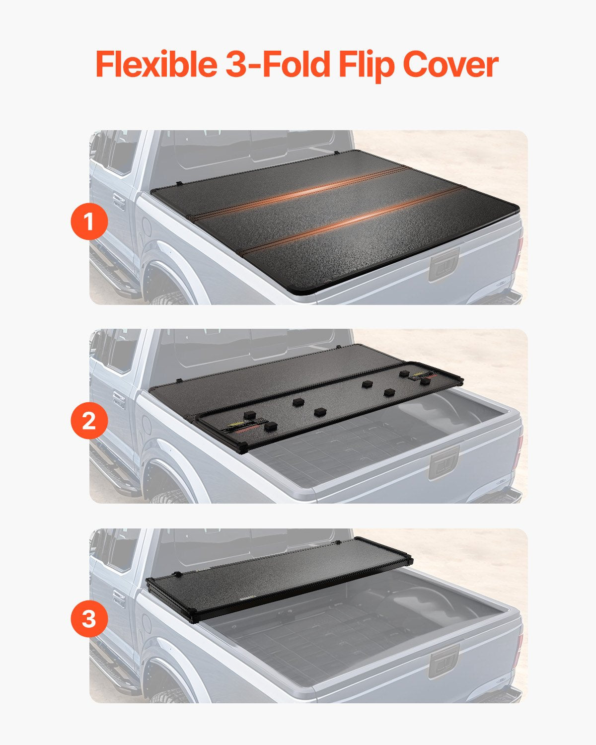 VEVOR Tri-Fold Truck Bed Tonneau Cover, Compatible with 2015-2024 Ford F-150, Lightning, Styleside 1661 mm Bed, Fit 1704 x 1656 mm/1661 x 1656 mm Inside Bed, 181.4 kg Load Capacity, LED Light, Black