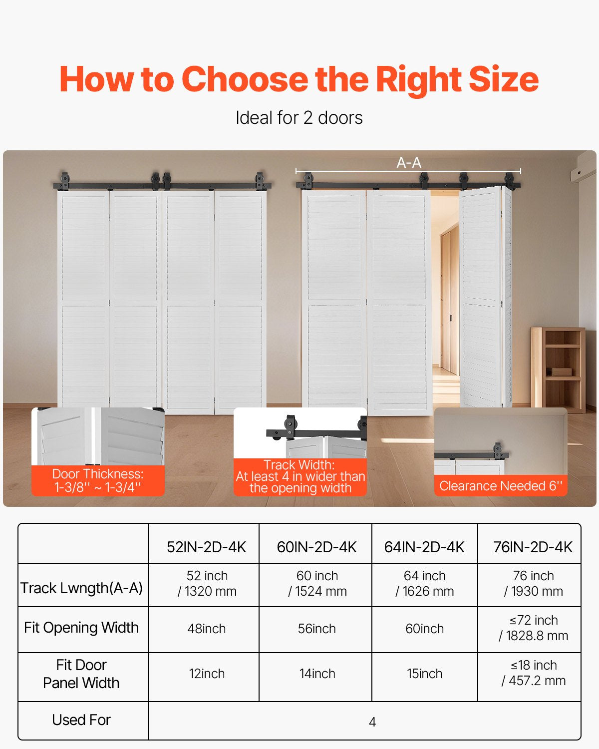 VEVOR Bi-Folding Sliding Barn Door Hardware Track Kit, 52" Top Mount Track Kit, Slide Smoothly & Quietly, Heavy Duty, Easy to Install, Suitable for Four 12" Closet Pantry Laundry Doors (Not Included)