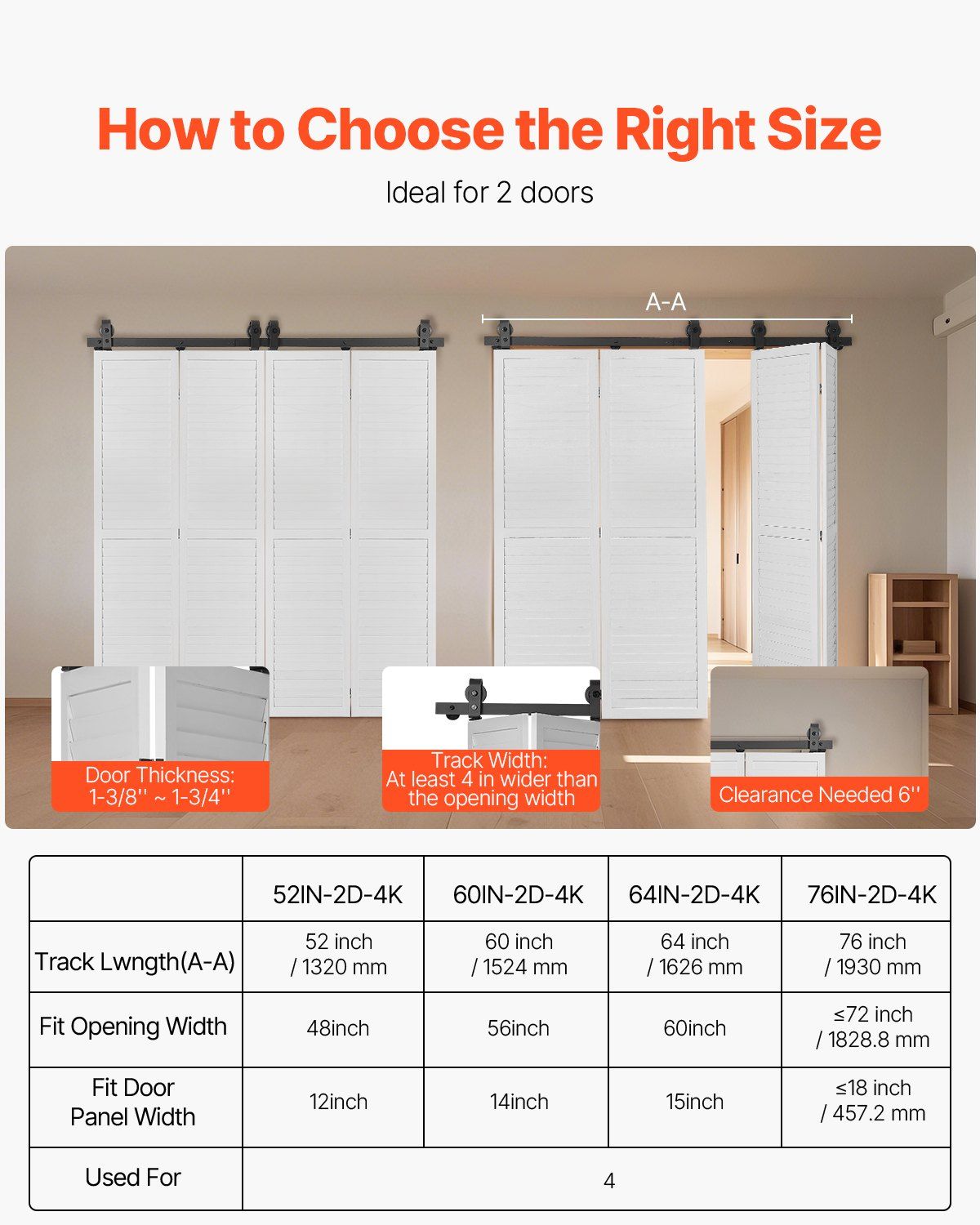 Bi-Folding Sliding Barn Door Hardware Track Kit, 76" Top Mount Track Kit, Slide Smoothly & Quietly, Heavy Duty, Easy to Install, Suitable for Four 18" Closet Pantry Laundry Doors (Not Included)