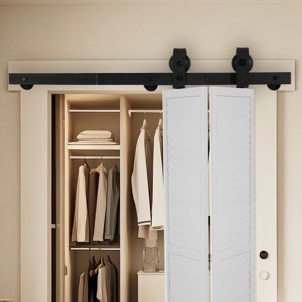 Bi-Folding Sliding Barn Door Hardware Track Kit, 36" Top Mount Track Kit, Slide Smoothly & Quietly, Heavy Duty, Easy to Install, Suitable for Two 16" Closet Pantry Laundry Doors (Not Included)