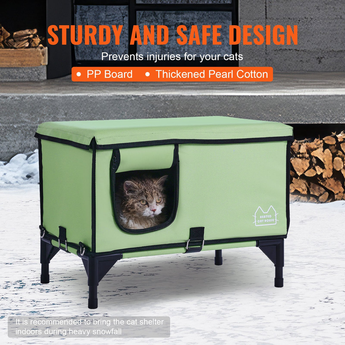 VEVOR Elevated Heated Cat House, Cuboid Kitty Shelter with Adjustable Temperature and Timer, 900D Oxford Cloth Foldable Cat Shelter with Heated Pad  for Winter to Stay Warm and Cozy, Green (Middle)