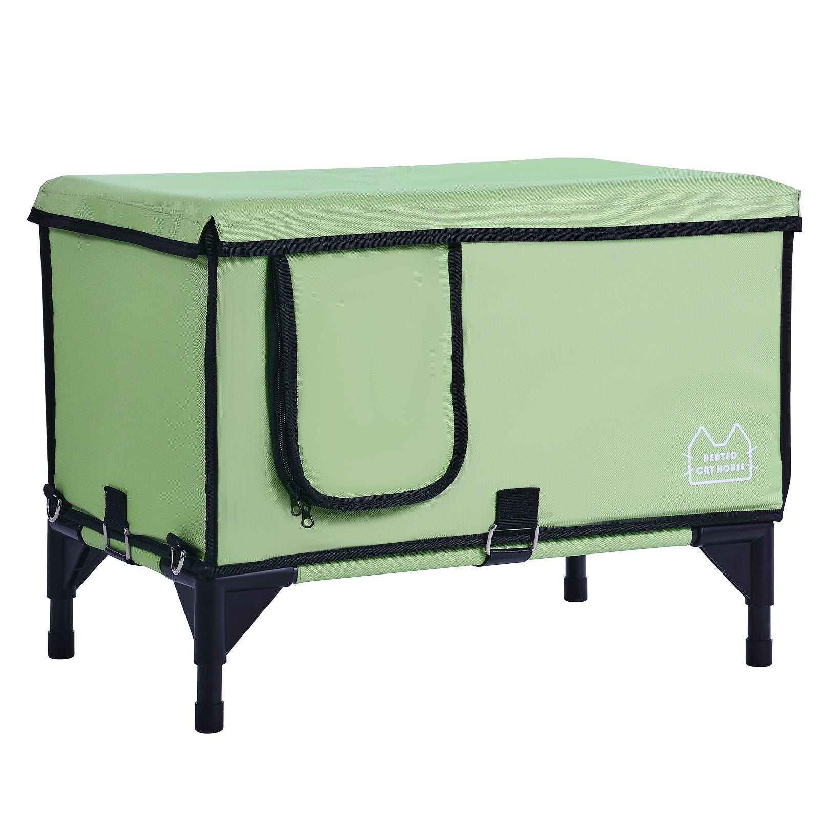 VEVOR Elevated Heated Cat House, Cuboid Kitty Shelter with Adjustable Temperature and Timer, 900D Oxford Cloth Foldable Cat Shelter with Heated Pad  for Winter to Stay Warm and Cozy, Green (Middle)