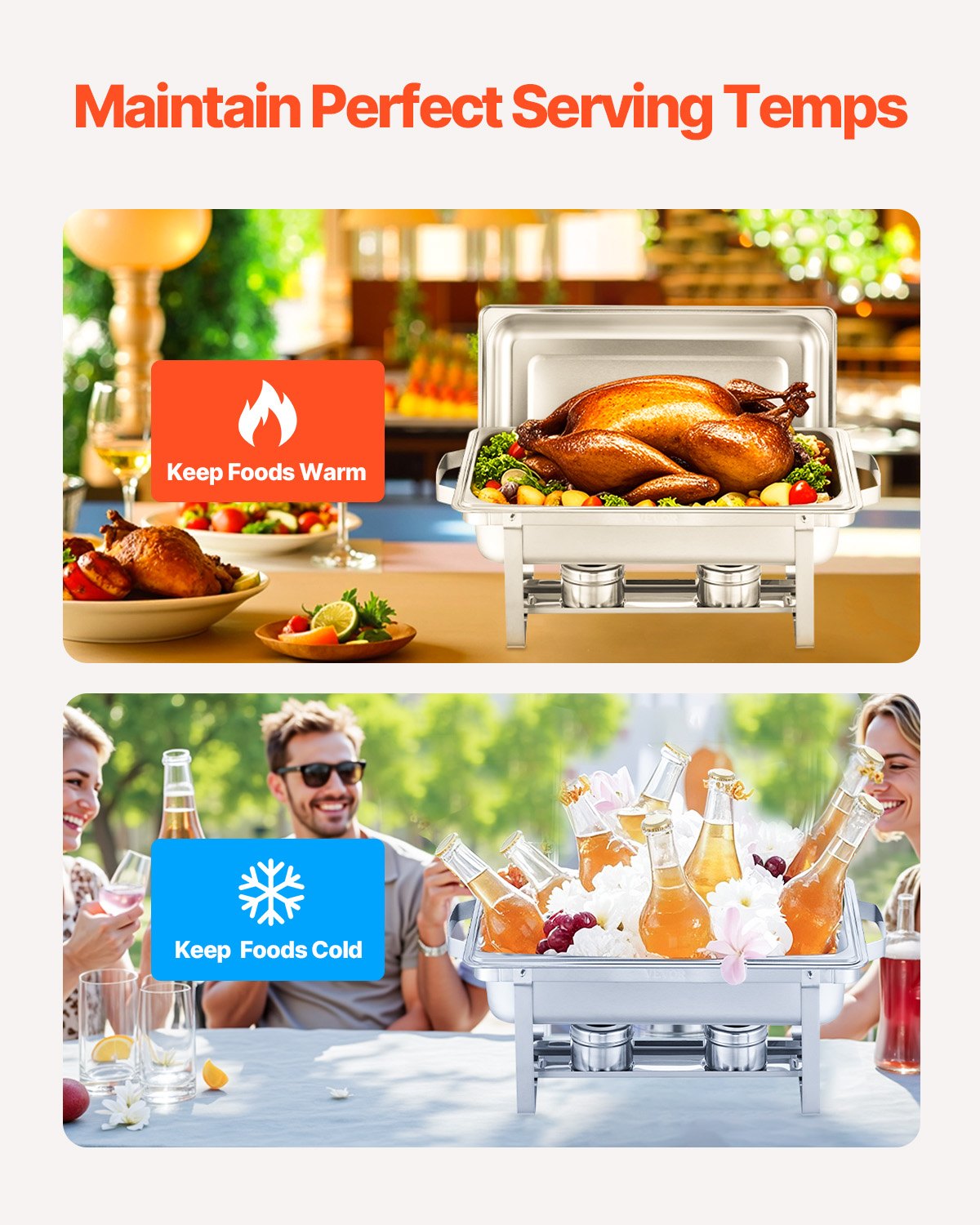 VEVOR 8 Qt 2 Pack Rectangle Chafing Dish Buffet Set Fullsize Pan Stainless Steel