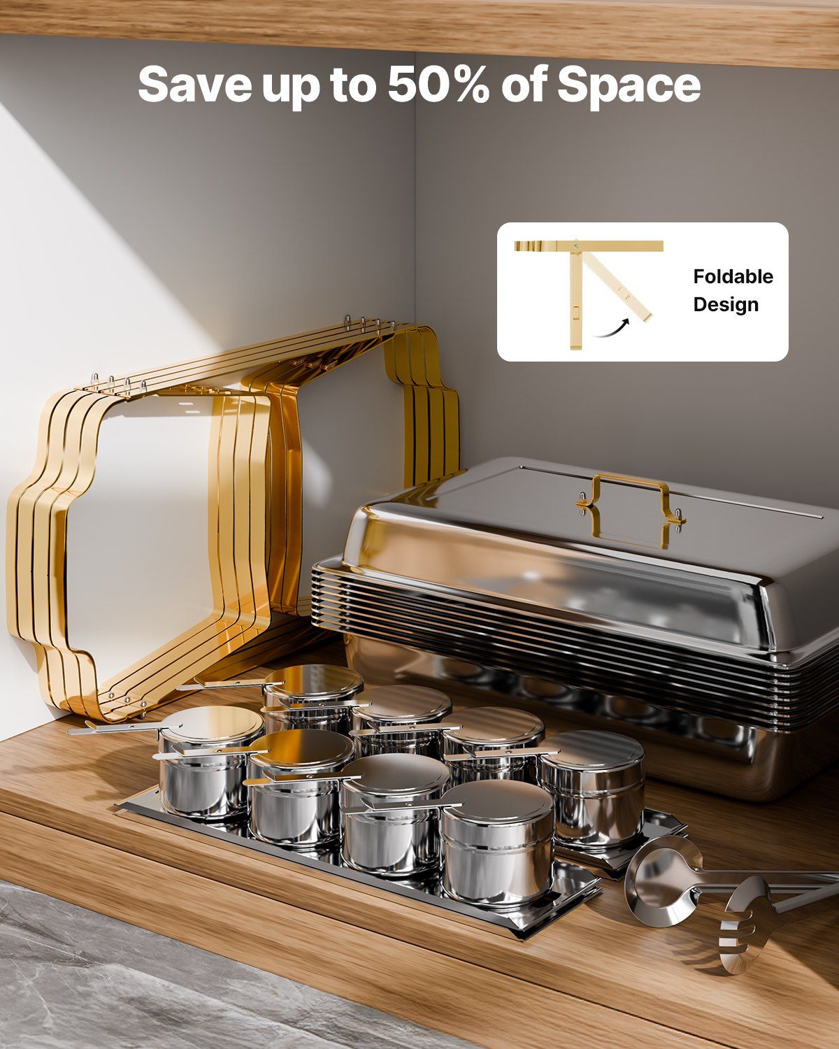Chafing Dish Buffet Set, 8 Qt 4 Pack, Stainless Steel Chafer with 2 Full Size and 4 Half Size Pans, Rectangle Catering Warmer Server with Lid Water Pan Stand, for Weddings Parties Banquets, Gold
