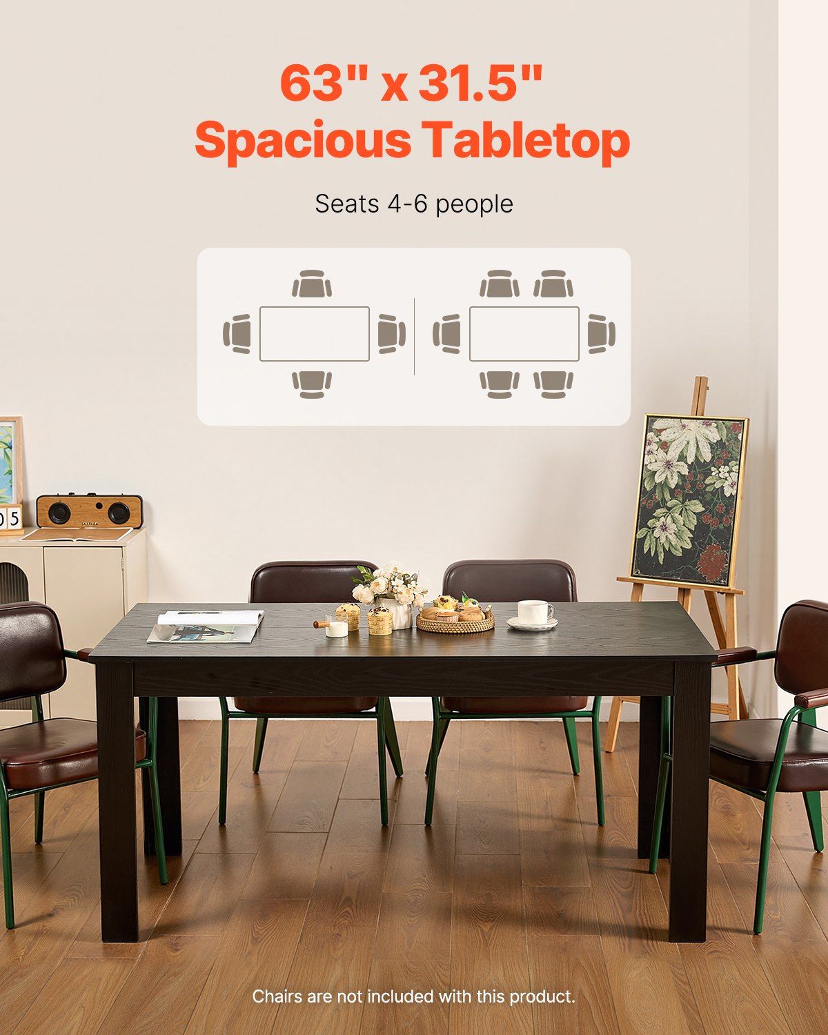 Rectangle Dining Table, 63 inch Length Large Wood Tables for 4-6 Person, Modern Dinner Furniture, Conference Desk Supporting for 330LBS, for Home Kitchen Living Room, Black(Only Table)