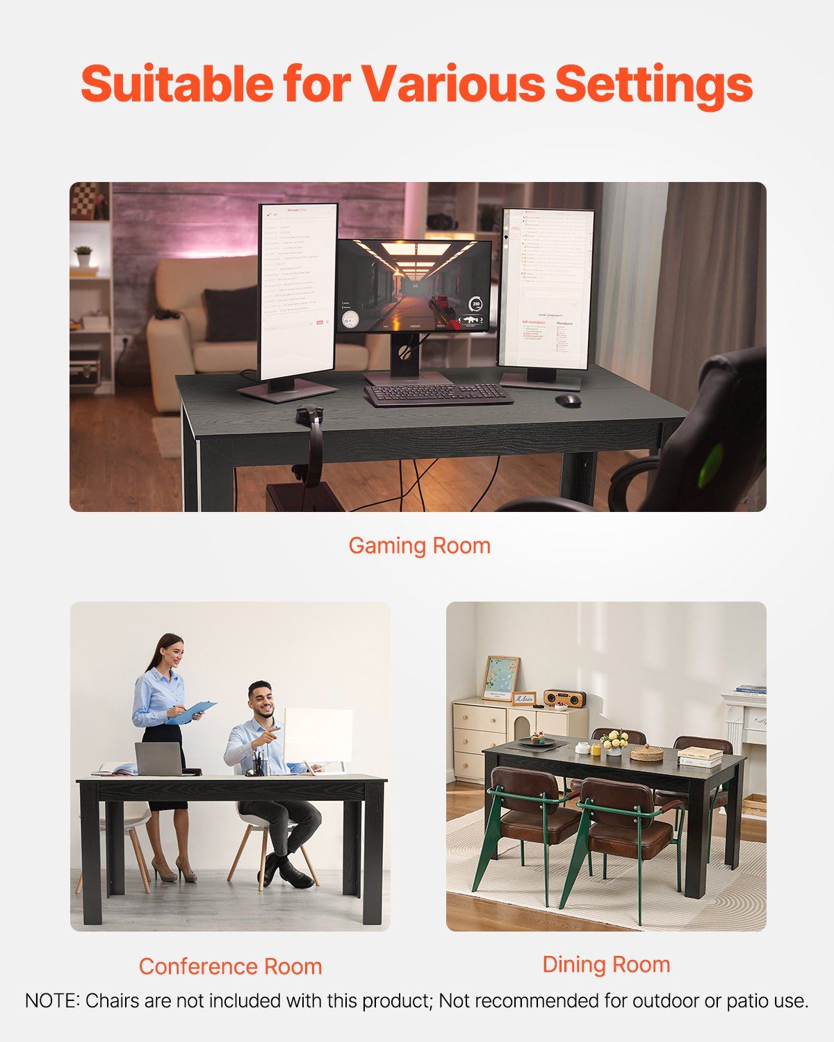 Rectangle Dining Table, 63 inch Length Large Wood Tables for 4-6 Person, Modern Dinner Furniture, Conference Desk Supporting for 330LBS, for Home Kitchen Living Room, Black(Only Table)