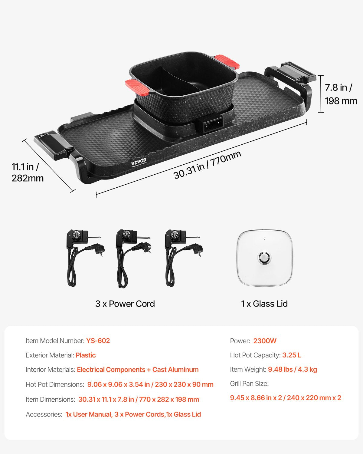 VEVOR Hot Pot with Grill 2300W 2-in-1 Electric Smokeless BBQ with Removable Pot