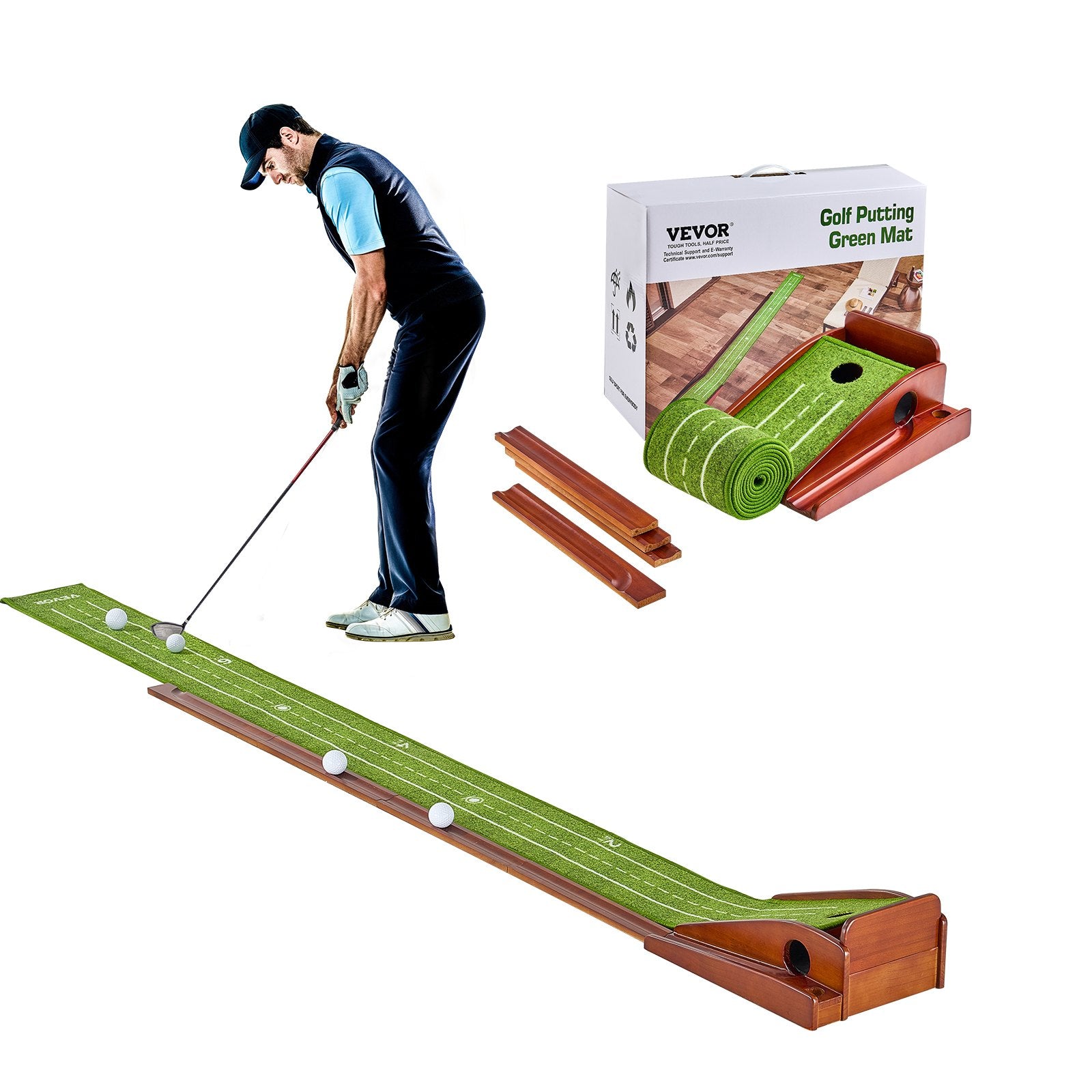 VEVOR Golf Putting Mat, 1 Hole Indoor Golf Putting Green, Wrinkle-Free Golf Training Aid, Mini Golf Accessory with Auto-Ball Return, Alignment Guide, and Wood Base, Game Practice Gift for Home Office