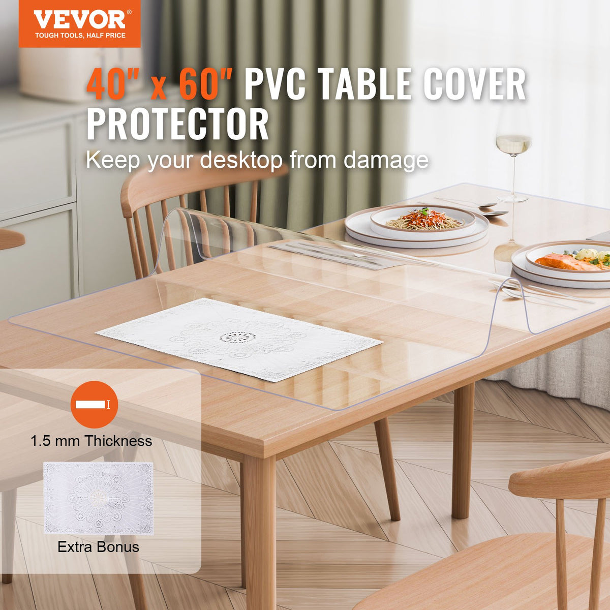 VEVOR Plastic Table Cover, 40 x 60 Inch 1.5 mm Thick Clear Table Protector, Rectangle PVC Desk Mat, Waterproof & Easy Cleaning Desk Pad Tablecloth, for Office Dresser Dining Room Table Night Stand