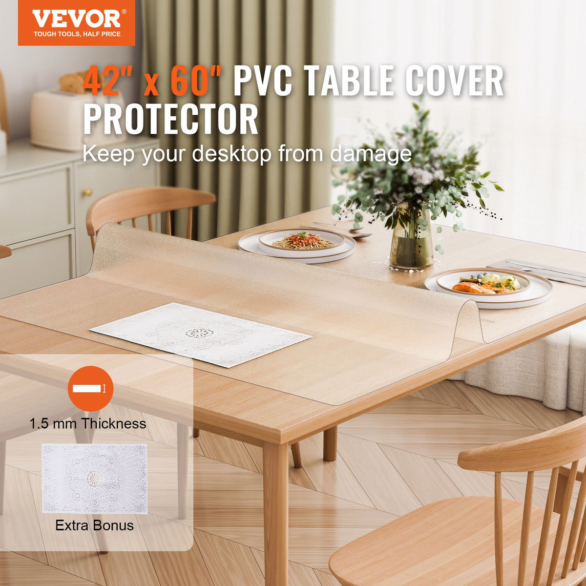 VEVOR Plastic Table Cover, 42 x 60 Inch 1.5 mm Thick Frosted Table Protector, Rectangle PVC Desk Mat, Waterproof & Easy Cleaning Desk Pad Tablecloth, for Office Dresser Dining Room Table Night Stand
