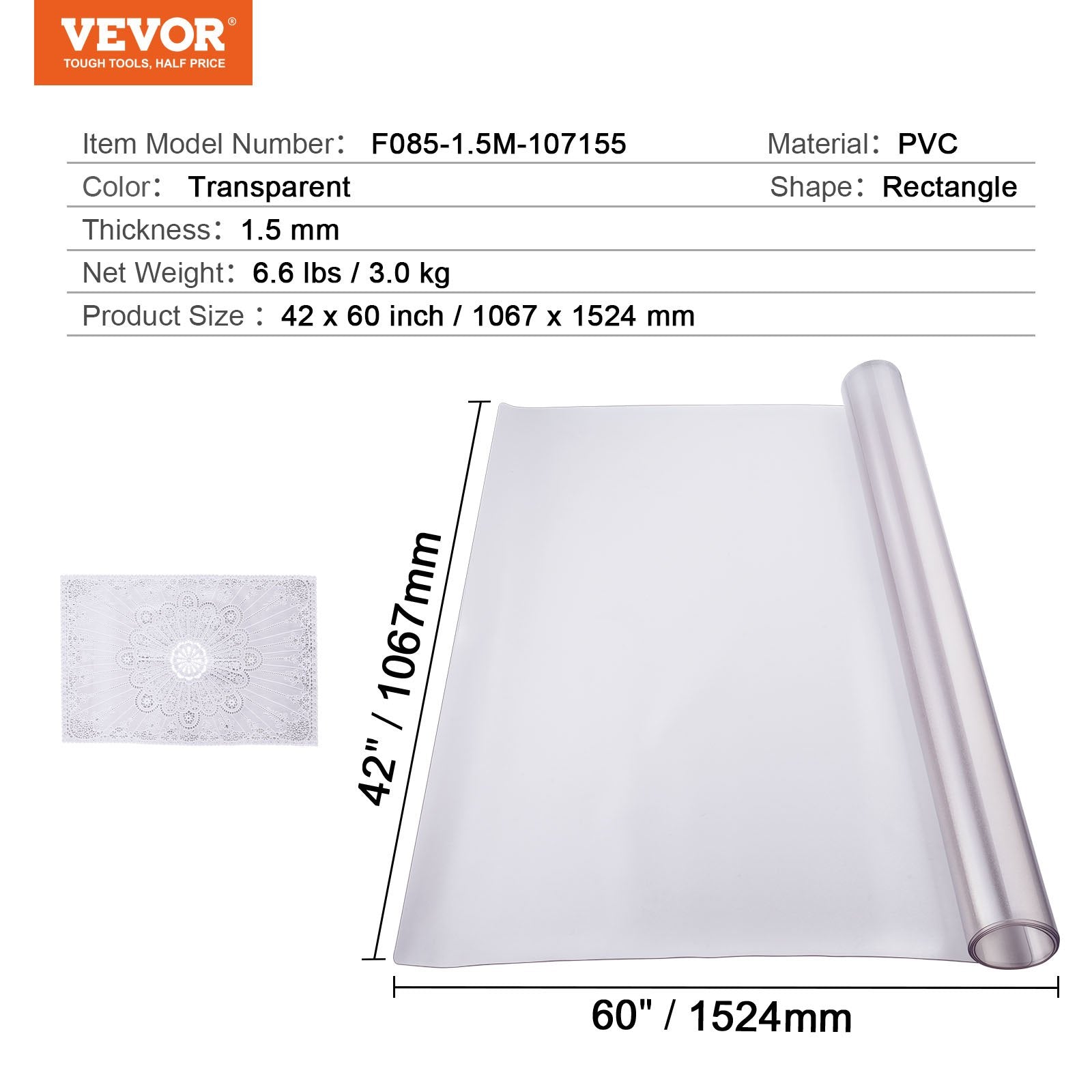 VEVOR Plastic Table Cover, 42 x 60 Inch 1.5 mm Thick Frosted Table Protector, Rectangle PVC Desk Mat, Waterproof & Easy Cleaning Desk Pad Tablecloth, for Office Dresser Dining Room Table Night Stand