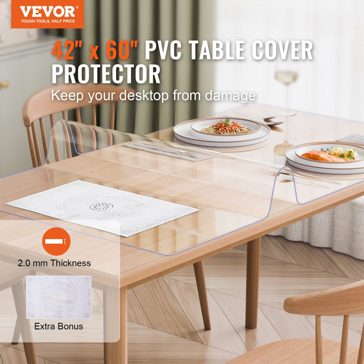 VEVOR Plastic Table Cover, 42 x 60 Inch 2.0 mm Thick Clear Table Protector, Rectangle PVC Desk Mat, Waterproof & Easy Cleaning Desk Pad Tablecloth, for Office Dresser Dining Room Table Night Stand