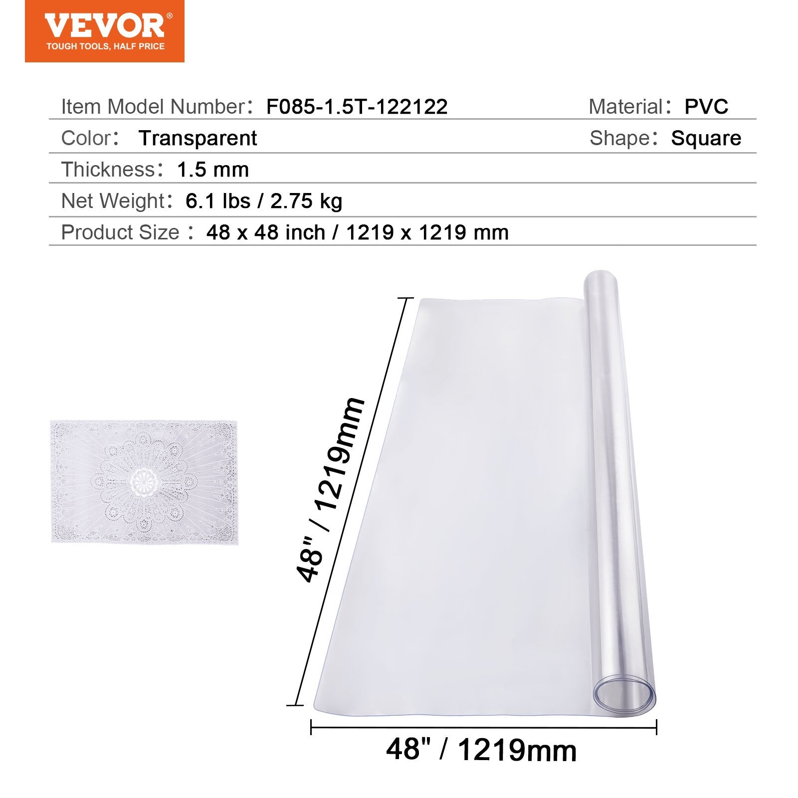 VEVOR Plastic Table Cover, 48 x 48 Inch 1.5 mm Thick Clear Table Protector, Square PVC Desk Mat, Waterproof & Easy Cleaning Desk Pad Tablecloth, for Office Dresser Dining Room Table Night Stand