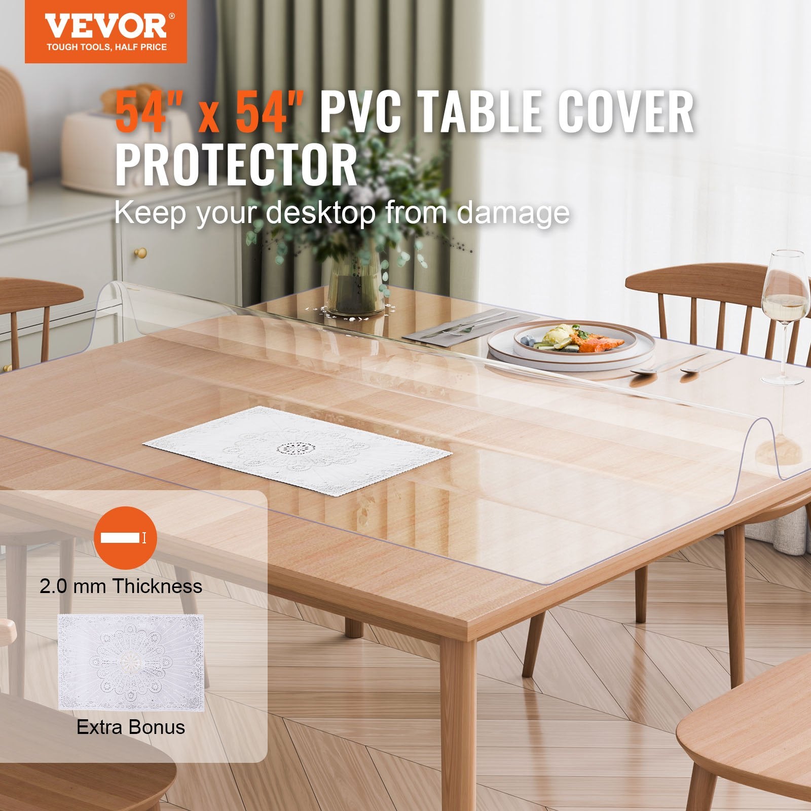 VEVOR Plastic Table Cover, 54 x 54 Inch 2.0 mm Thick Clear Table Protector, Square PVC Desk Mat, Waterproof & Easy Cleaning Desk Pad Tablecloth, for Office Dresser Dining Room Table Night Stand