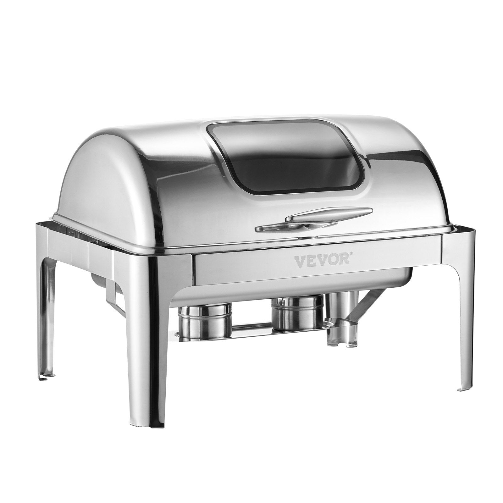 VEVOR Roll Top Chafing Dish Buffet Complete Set, 9 Qt 1 Pack Stainless Steel Chafer with 2 Half Size Pans, Rectangle Catering Warmer Server with Visible Lid Water Pan Folding Stand Fuel Holder, Silver