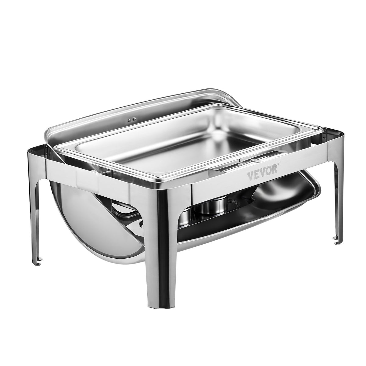 VEVOR Roll Top Chafing Dish Buffet Complete Set, 9 Qt 1 Pack Stainless Steel Chafer with 2 Half Size Pans, Rectangle Catering Warmer Server with Visible Lid Water Pan Folding Stand Fuel Holder, Silver