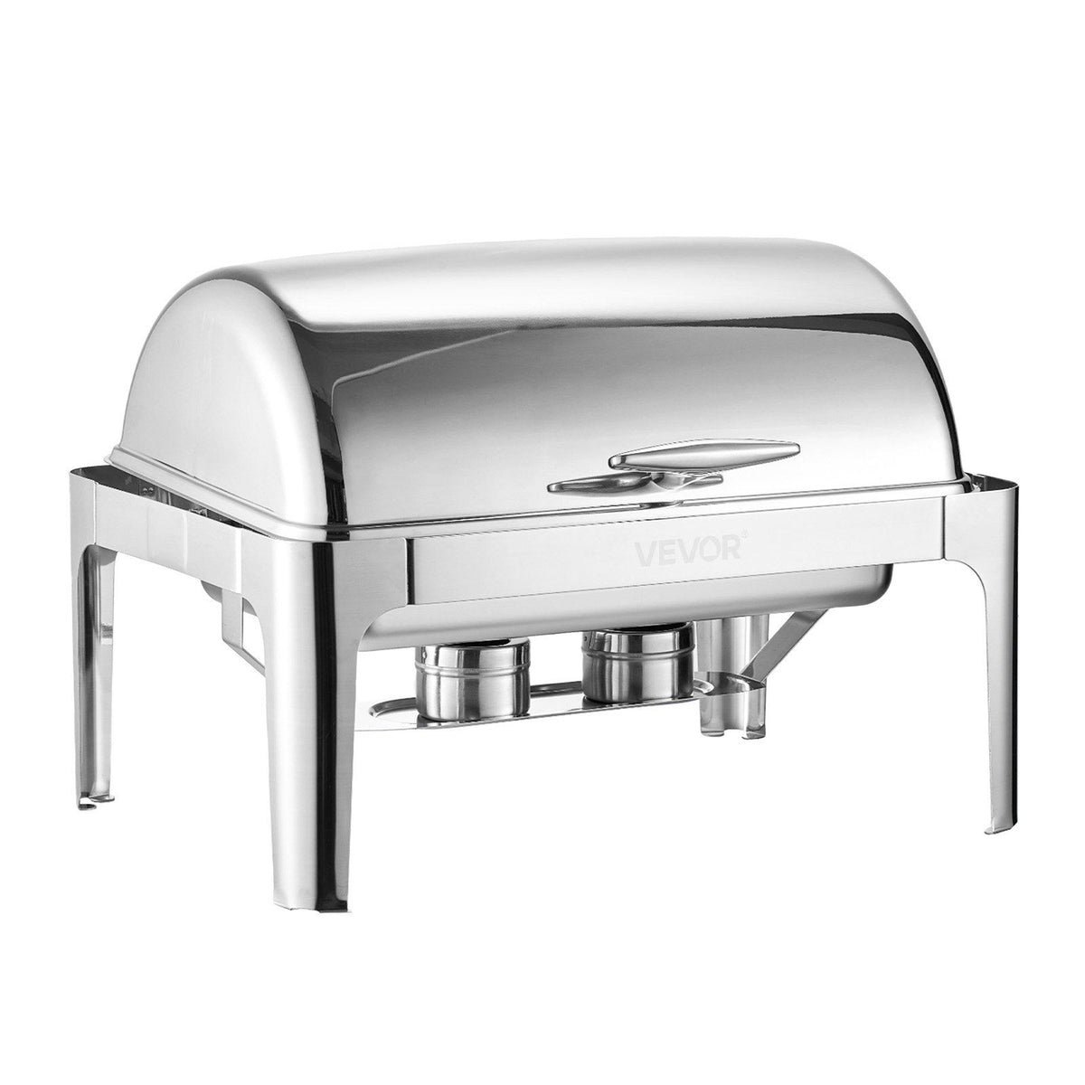 Roll Top Chafing Dish Buffet Complete Set, 9Qt Stainless Steel Chafer with Full Size Pan, Rectangle Catering Warmer Server with Lid Water Pan Folding Stand Fuel Holder Meal Clip, Silver