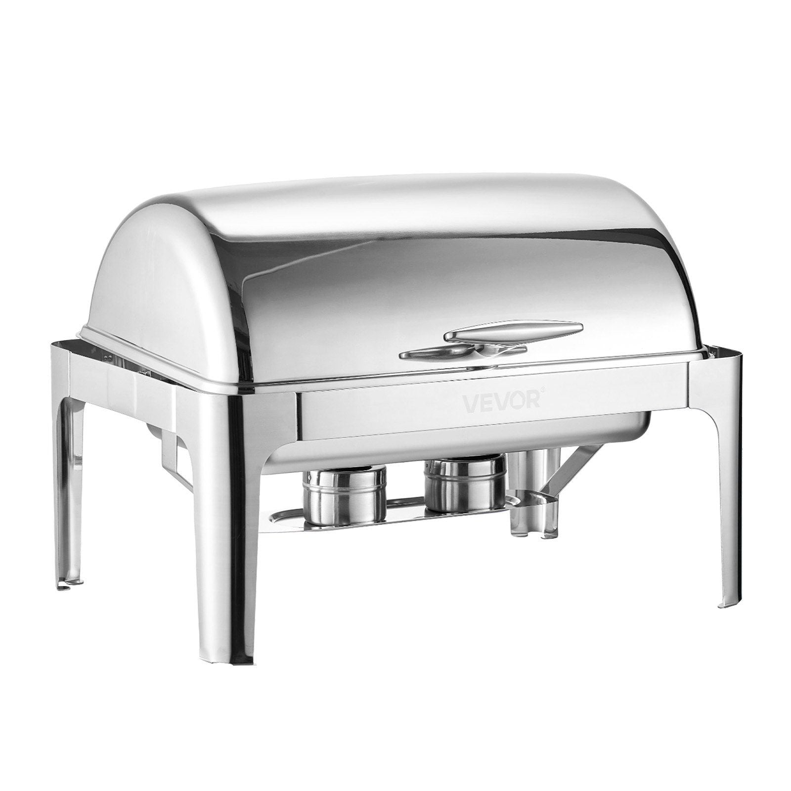 Roll Top Chafing Dish Buffet Complete Set, 9Qt Stainless Steel Chafer with Full Size Pan, Rectangle Catering Warmer Server with Lid Water Pan Folding Stand Fuel Holder Meal Clip, Silver