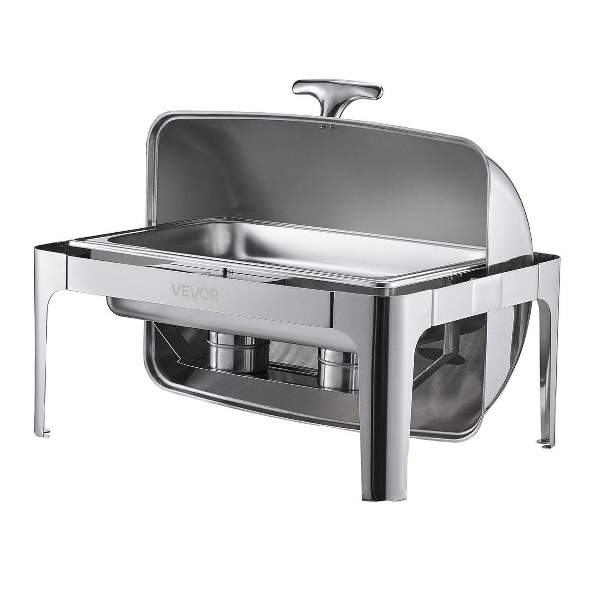 Roll Top Chafing Dish Buffet Complete Set, 9Qt Stainless Steel Chafer with Full Size Pan, Rectangle Catering Warmer Server with Lid Water Pan Folding Stand Fuel Holder Meal Clip, Silver