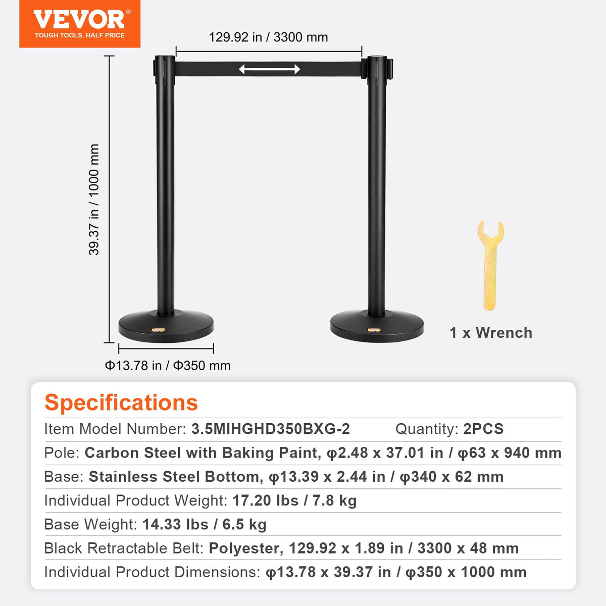 VEVOR Crowd Control Stanchions, 2-Pack Crowd Control Barriers, Carbon Steel Baking Painted Stanchion Queue Post with 11FT Black Retractable Belt, Belt Barriers Line Divider for Exhibition, Airport