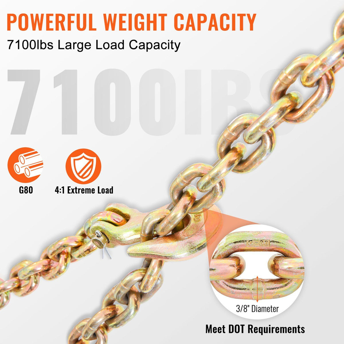 Transport Binder Chain, 3220 kg Working Load Limit, 3/8''x20' G80 Tow Chain Tie Down with Grab Hooks, DOT Certified, Galvanized Coating Manganese Steel for Dock Factory Construction Site, 2 Pack