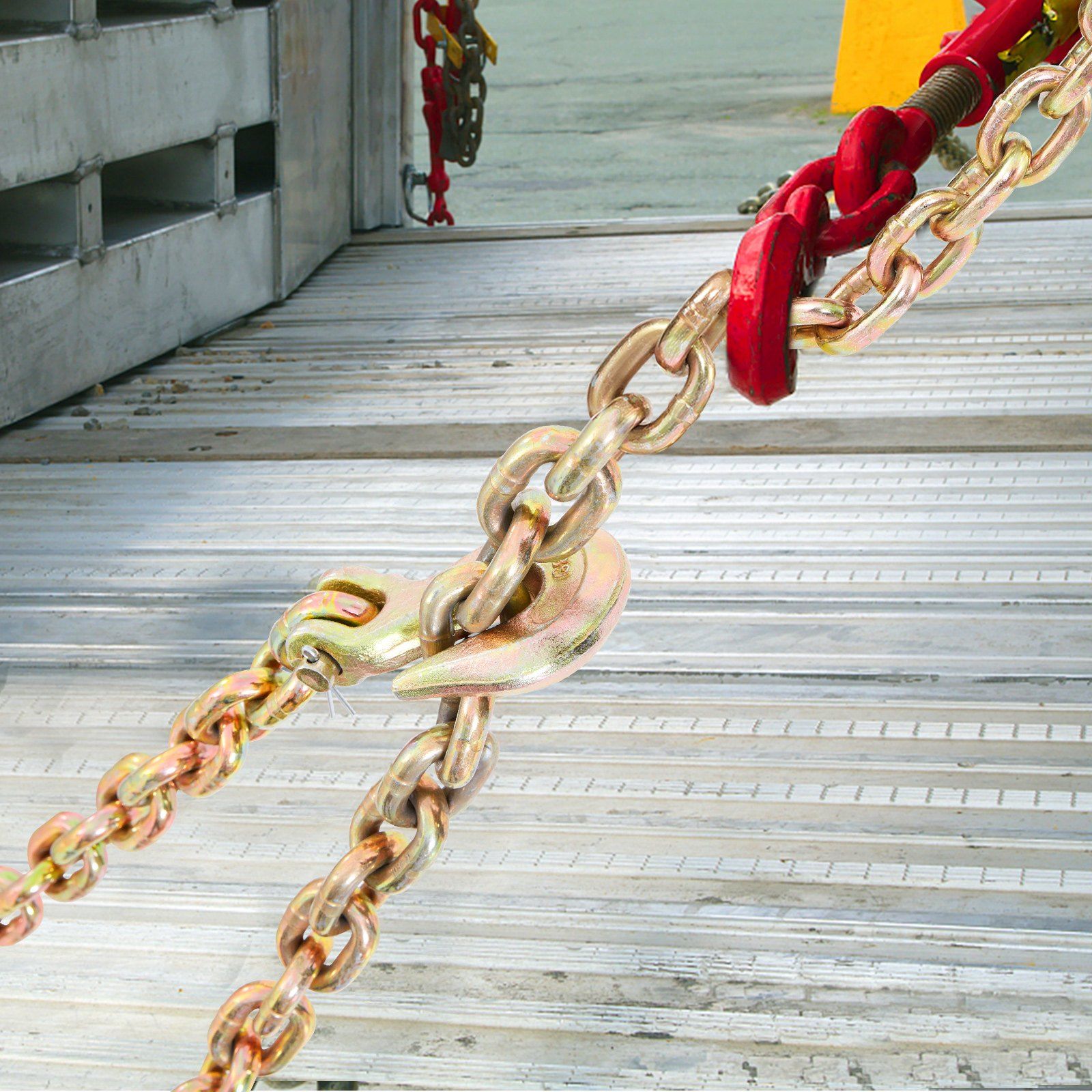 Transport Binder Chain, 3220 kg Working Load Limit, 3/8''x20' G80 Tow Chain Tie Down with Grab Hooks, DOT Certified, Galvanized Coating Manganese Steel for Dock Factory Construction Site, 2 Pack