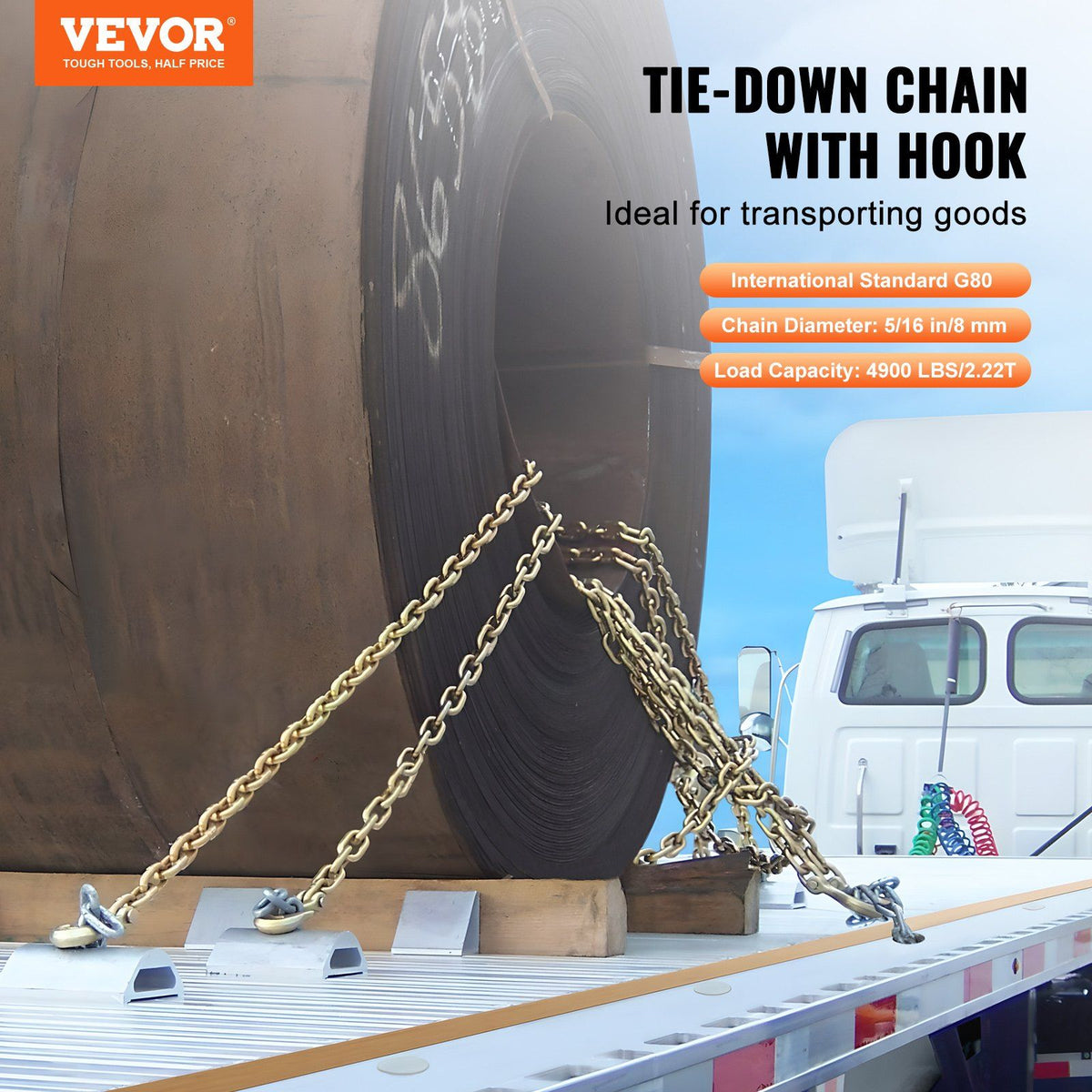 G80 Transport Binder Chain, 8 mm x 316 cm 2-Pack Tow Chain with Clevis Grab Hooks, 2.22T Safe Working Load, Heavy Duty Logging Chain for Transporting Towing Truck Tie Down Binding Equipment
