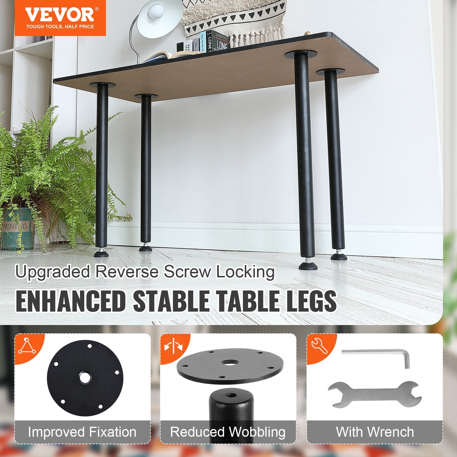 VEVOR 711.2MM Adjustable Desk Legs, Reinforced Steel Office Table Furniture legs Set of 4 for DIY, 544.3KG Load Capacity Heavy Duty Desk Legs, Quick Instalation Legs with Adjustable Foot Cup Black