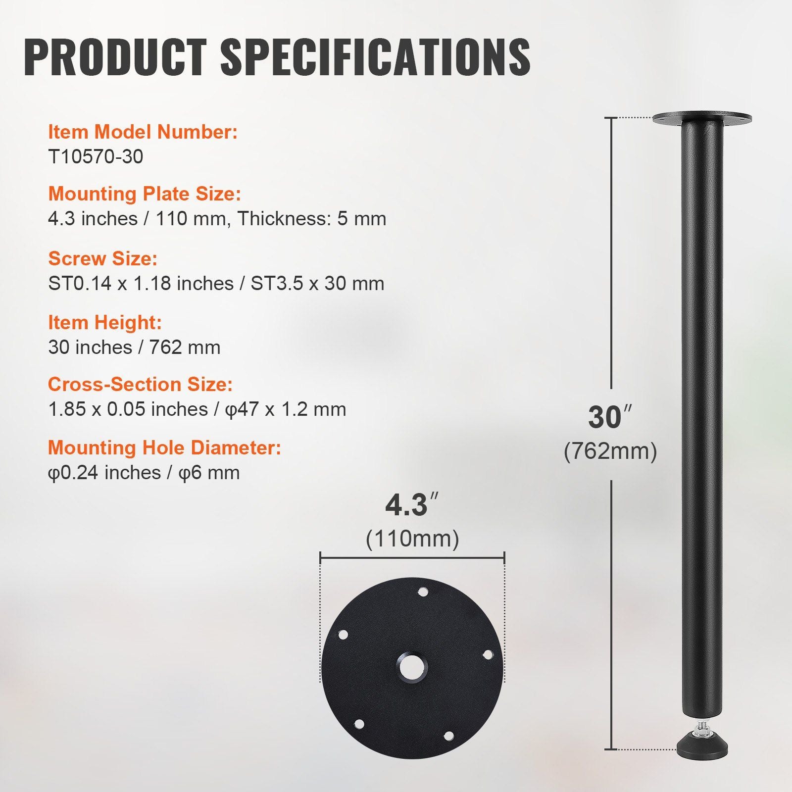 762MM Adjustable Desk Legs, Reinforced Steel Office Table Furniture legs Set of 4 for DIY, 544.3KG Load Capacity Heavy Duty Desk Legs, Quick Instalation Legs with Adjustable Foot Cup Black