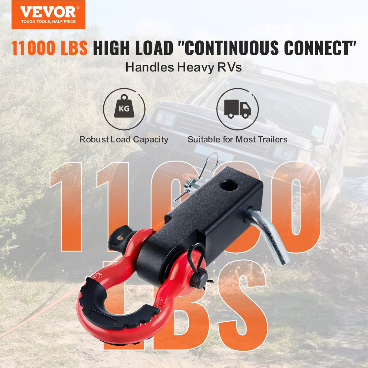VEVOR Shackle Hitch Receiver, Fits 50 mm Receivers, 20 Tons Breaking Strength, D Ring Shackle with Trailer Hitch Lock Pin, Heavy Duty Towing Accessories for Trucks, Jeeps, Off-Road Vehicle Recovery
