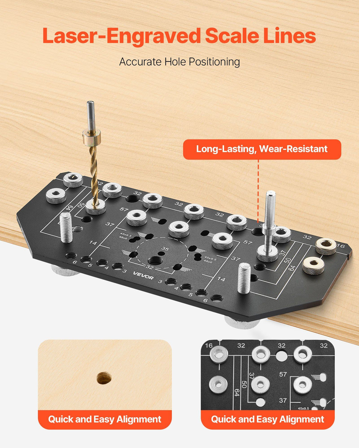 Shelf Pin Jig and Hinge Jig Two-in-One, Aluminum Alloy Cabinet Hardware Hole Drilling Template with 6.4 and 4.8 mm Drill Bits, for Cabinet Doors Bookshelves Wardrobes Woodworking and DIY