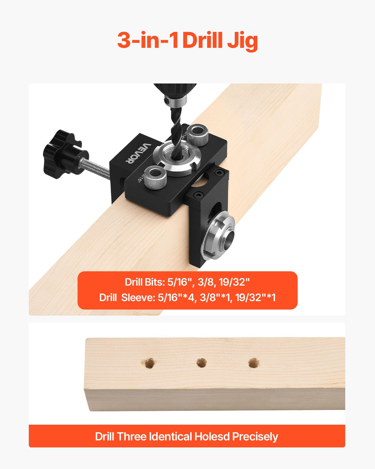 VEVOR Doweling Jig Kit, Self Centering Dowel Drill Jig for Straight Holes, Aluminum Alloy Woodworking Joints Tool with 3 Size Drill Bits 6.4 / 7.9 / 15 mm, Adjustable Width, for Wood Working
