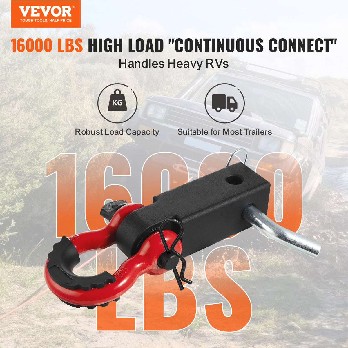 VEVOR Shackle Hitch Receiver, Fits 50 mm Receivers, 24 Tons Breaking Strength, D Ring Shackle with Trailer Hitch Lock Pin, Heavy Duty Towing Accessories for Trucks, Jeeps, Off-Road Vehicle Recovery