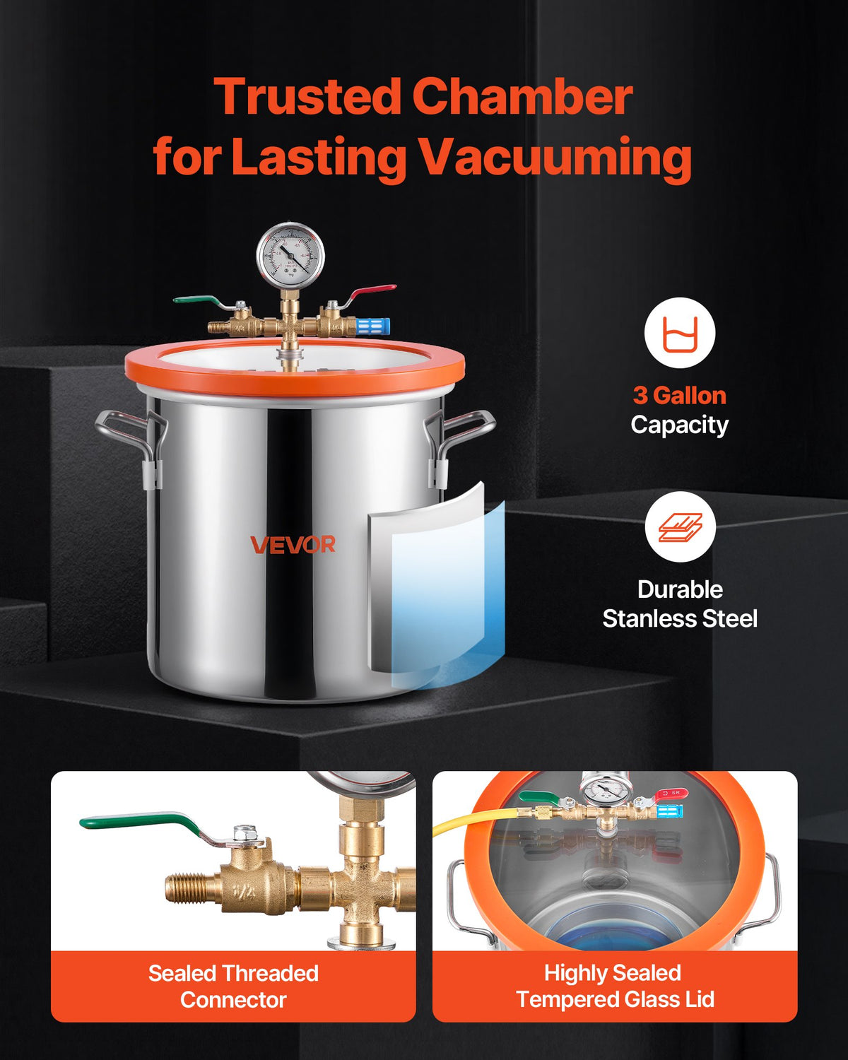 VEVOR 11.36 L Vacuum Chamber with Pump, 3.5 CFM 99 L/min, Single Stage Vacuum Pump, Stainless Steel Degassing Chamber Kit, Tempered Glass Lid, 1.5 m Hose, for Stabilizing Wood Degassing Silicone Resin