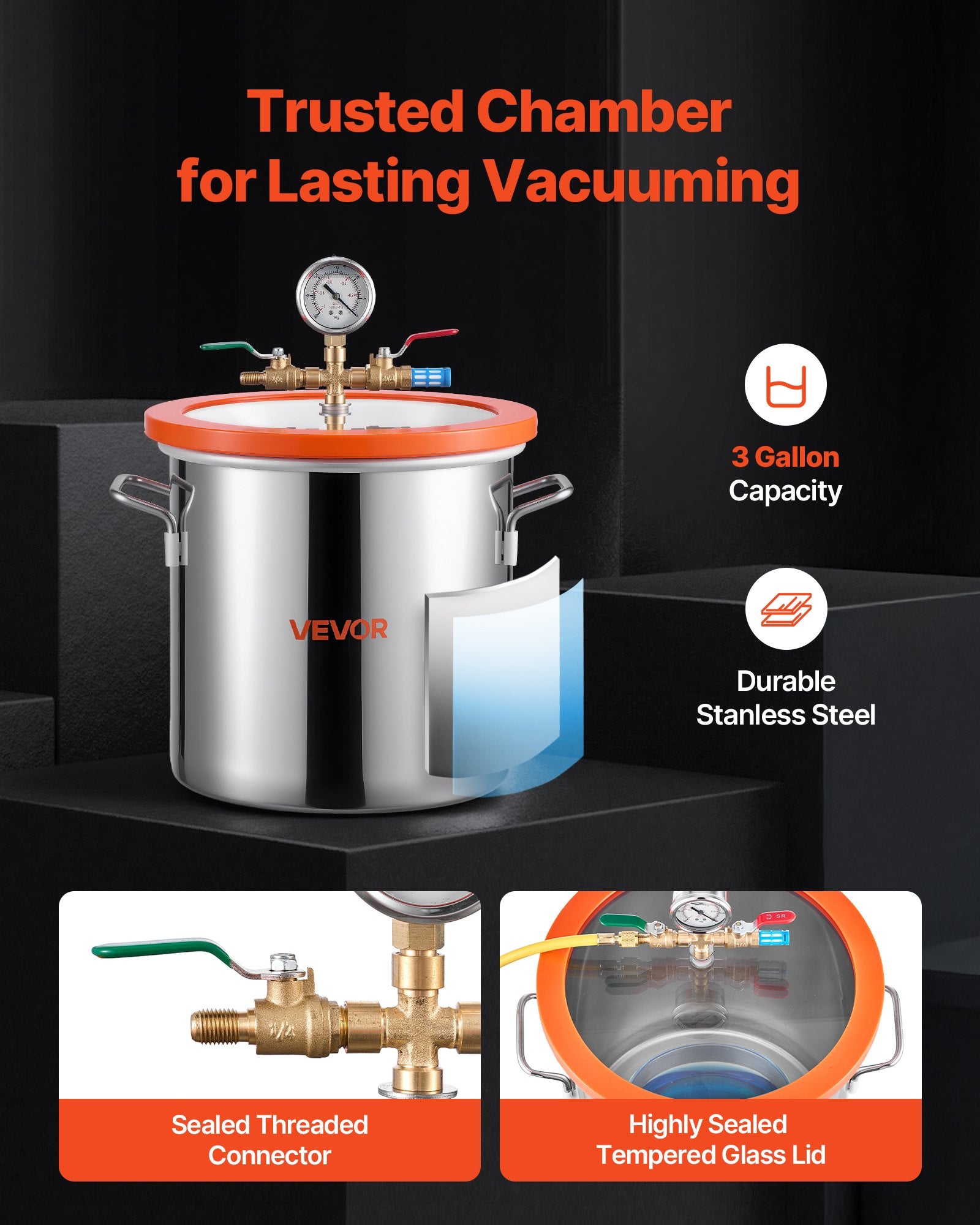 VEVOR 11.36 L Vacuum Chamber with Pump, 3.5 CFM 99 L/min, Single Stage Vacuum Pump, Stainless Steel Degassing Chamber Kit, Tempered Glass Lid, 1.5 m Hose, for Stabilizing Wood Degassing Silicone Resin