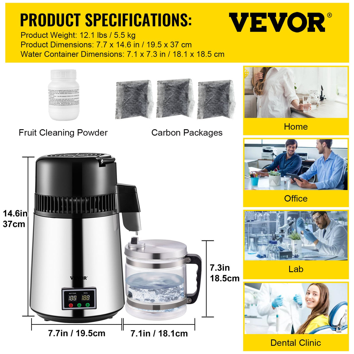 VEVOR 1.1 Gal Water Distiller, 0.3 Gal/H, 750W Distilled Water Maker Machine 0-99H Timing Set Temp Display, 304 Stainless Steel Countertop Distiller Glass Carafe Cleaning Powder 3 Carbon Packs, Silver