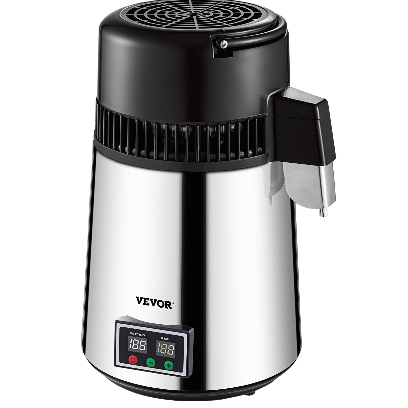 VEVOR 1.1 Gal Water Distiller, 0.3 Gal/H, 750W Distilled Water Maker Machine 0-99H Timing Set Temp Display, 304 Stainless Steel Countertop Distiller Glass Carafe Cleaning Powder 3 Carbon Packs, Silver