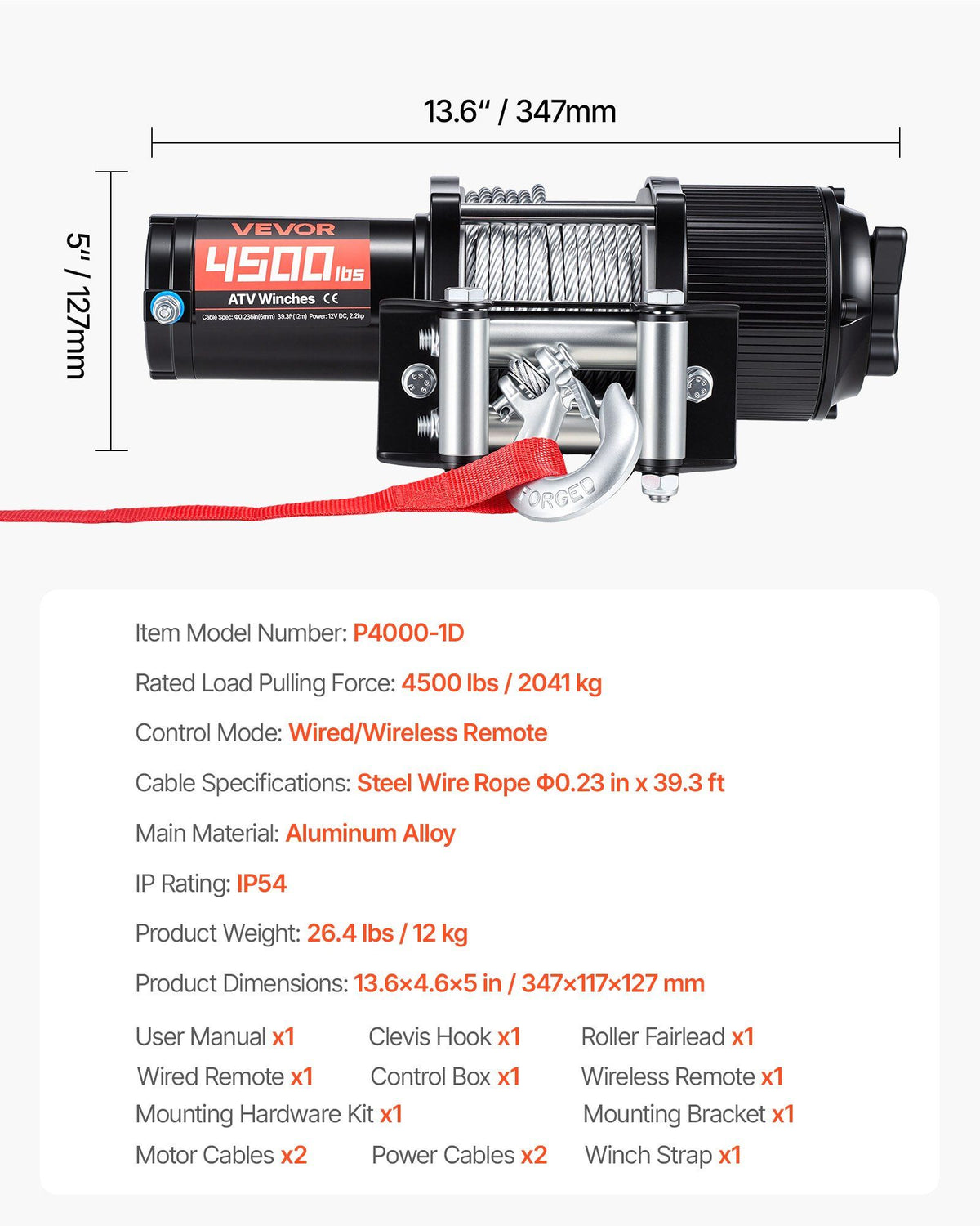 2041 kg Electric Winch, 12V DC ATV/UTV Winch with Φ6 mm x 12 m Steel Wire Rope, Wireless & Wired Remote Control, IP54 Waterproof, Roller Fairlead Mount Plate for Towing ATV UTV Off-Road