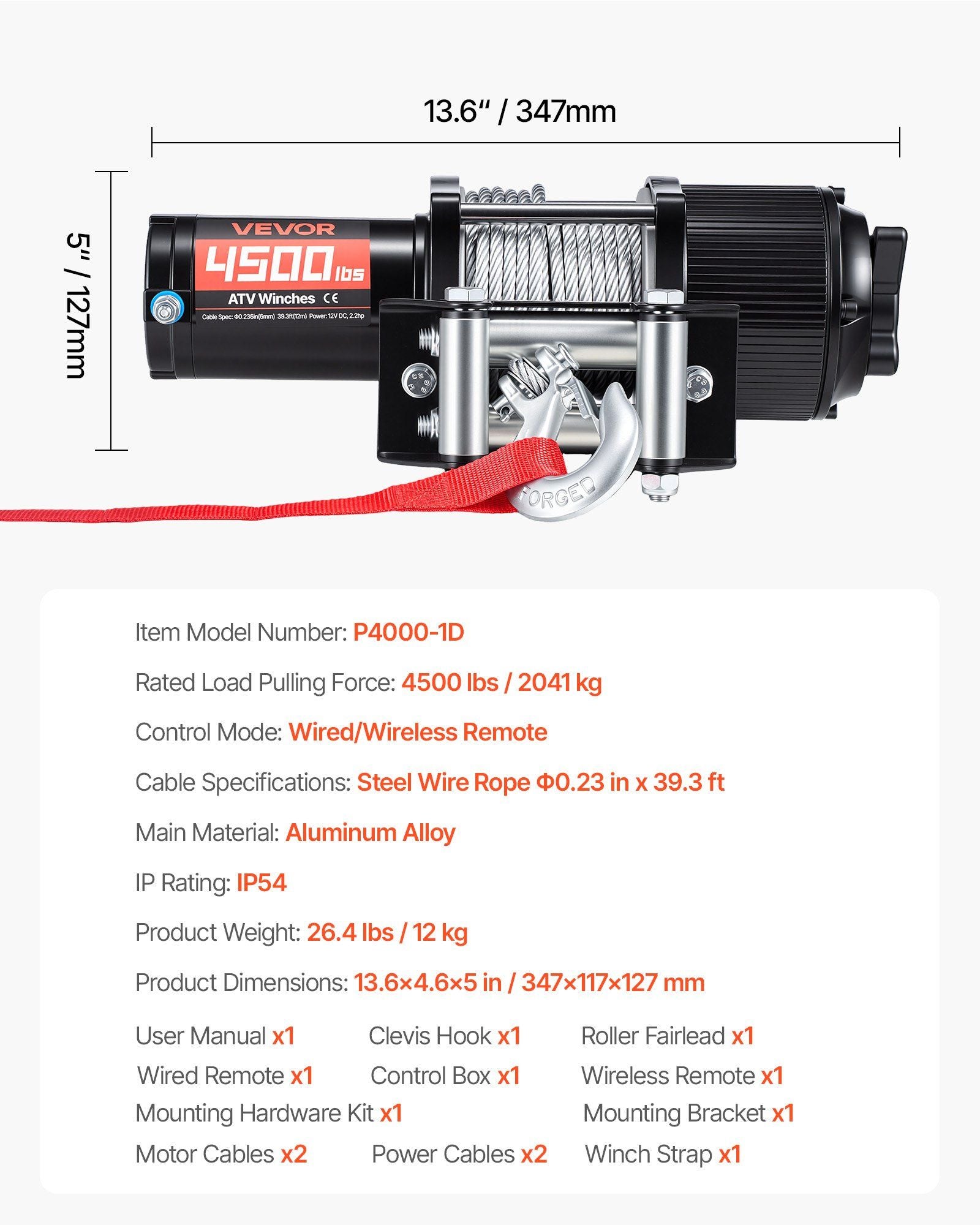 2041 kg Electric Winch, 12V DC ATV/UTV Winch with Φ6 mm x 12 m Steel Wire Rope, Wireless & Wired Remote Control, IP54 Waterproof, Roller Fairlead Mount Plate for Towing ATV UTV Off-Road