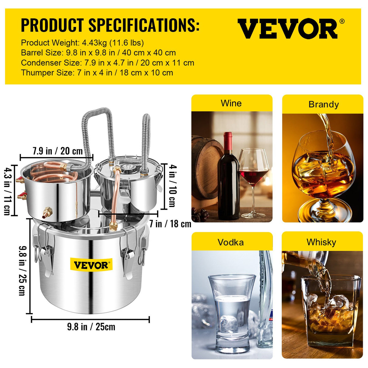 VEVOR 3 Pot 12L Alcohol Distiller Water Wine Boiler Home Brew Moonshinestill