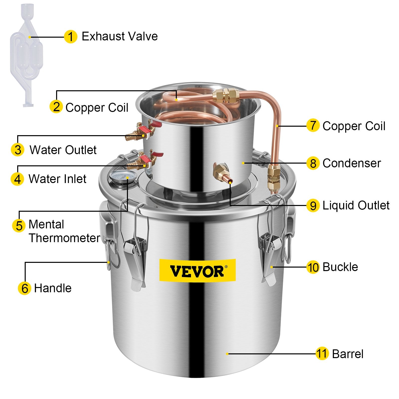 VEVOR Moonshine Still 3 Gal 12L Stainless Steel Water Alcohol Distiller Copper Tube Home Brewing Kit Build-in Thermometer for DIY Whisky Wine Brandy, 3Gal, Sliver