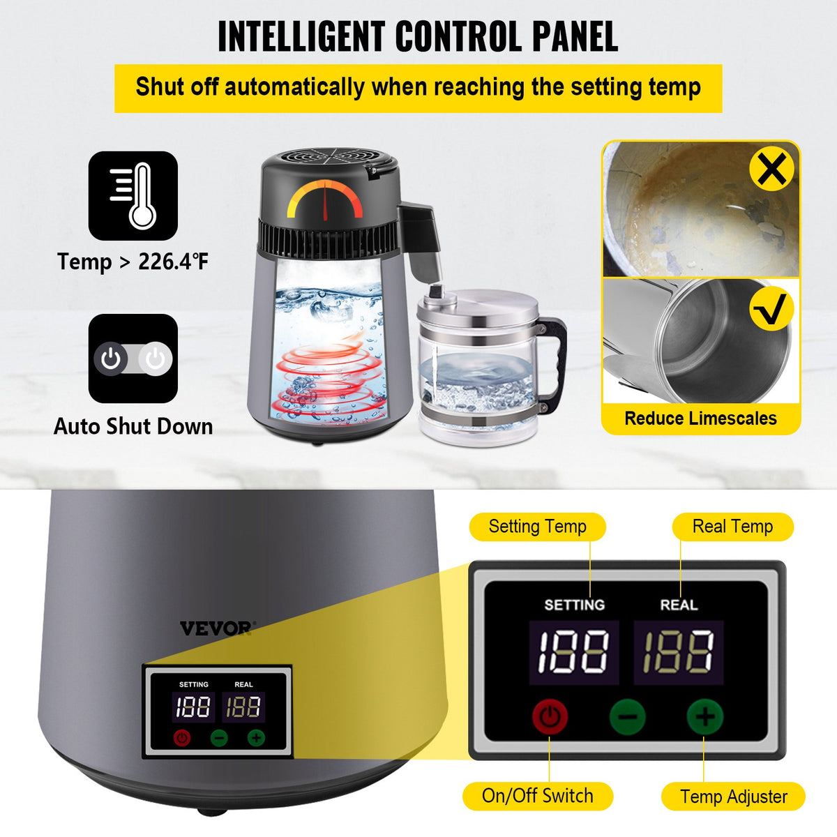 VEVOR Home Water Distiller Distilled Water Maker 4 L with Dual Temp Display Grey