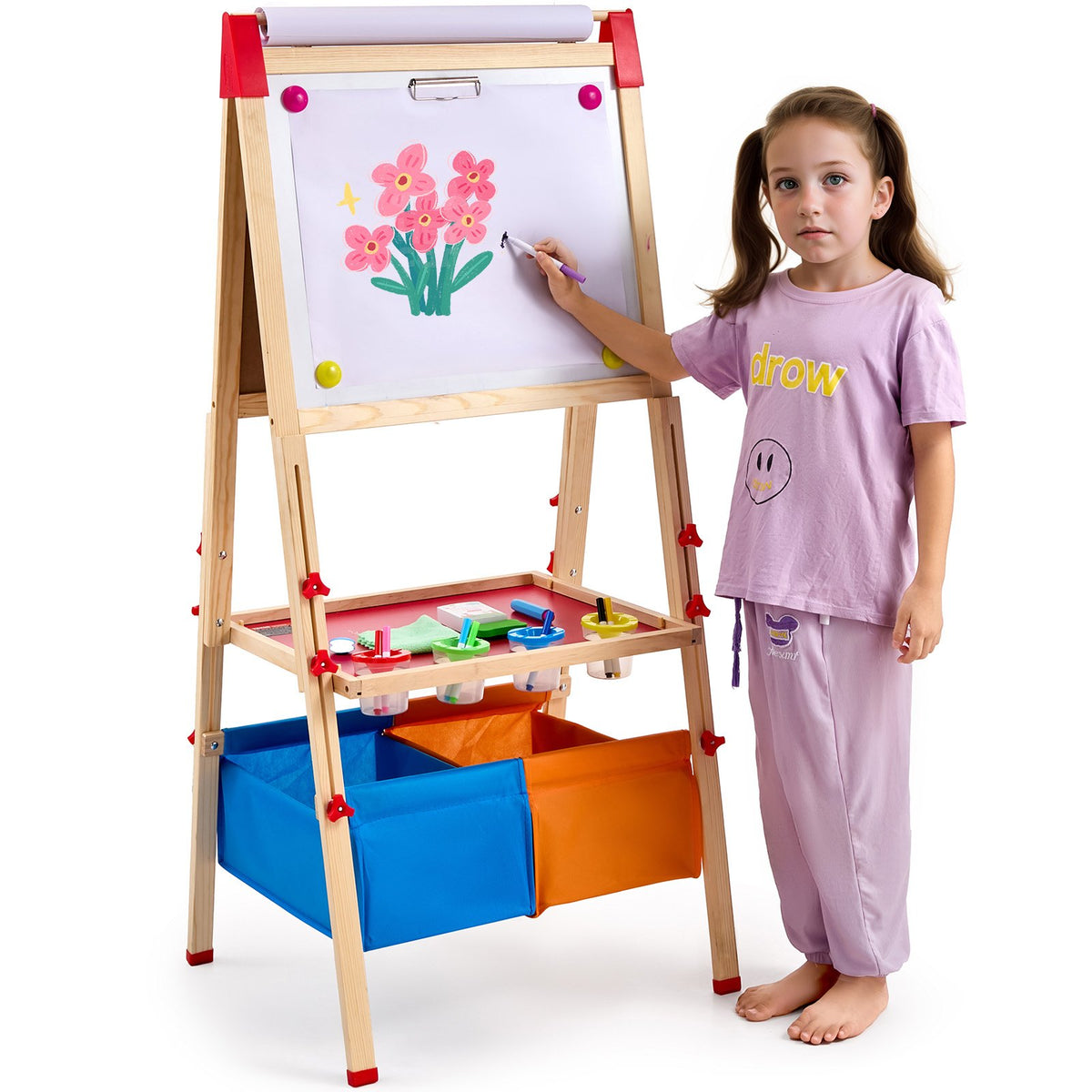 VEVOR Art Easel for Kids, 3-in-1 Wooden Double-Sided Kid&#39;s Art Easel with Magnetic Whiteboard, Chalkboard, Paper Roll, Adjustable Standing Drawing Board with Painting Accessories, Storage for Boy Girl