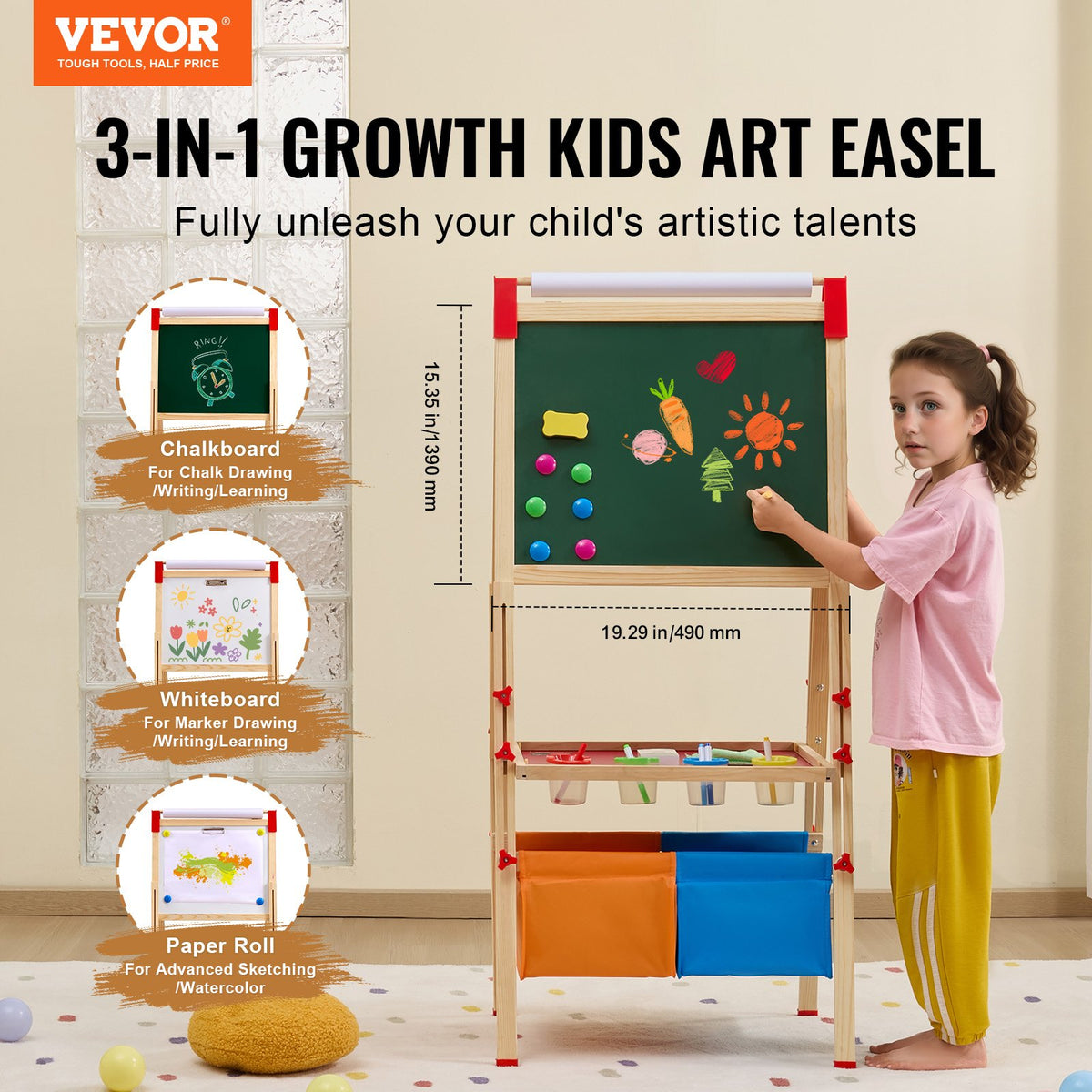 VEVOR Art Easel for Kids, 3-in-1 Wooden Double-Sided Kid's Art Easel with Magnetic Whiteboard, Chalkboard, Paper Roll, Adjustable Standing Drawing Board with Painting Accessories, Storage for Boy Girl
