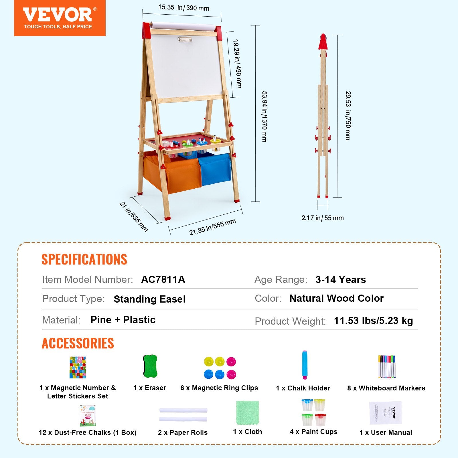 VEVOR Art Easel for Kids, 3-in-1 Wooden Double-Sided Kid's Art Easel with Magnetic Whiteboard, Chalkboard, Paper Roll, Adjustable Standing Drawing Board with Painting Accessories, Storage for Boy Girl