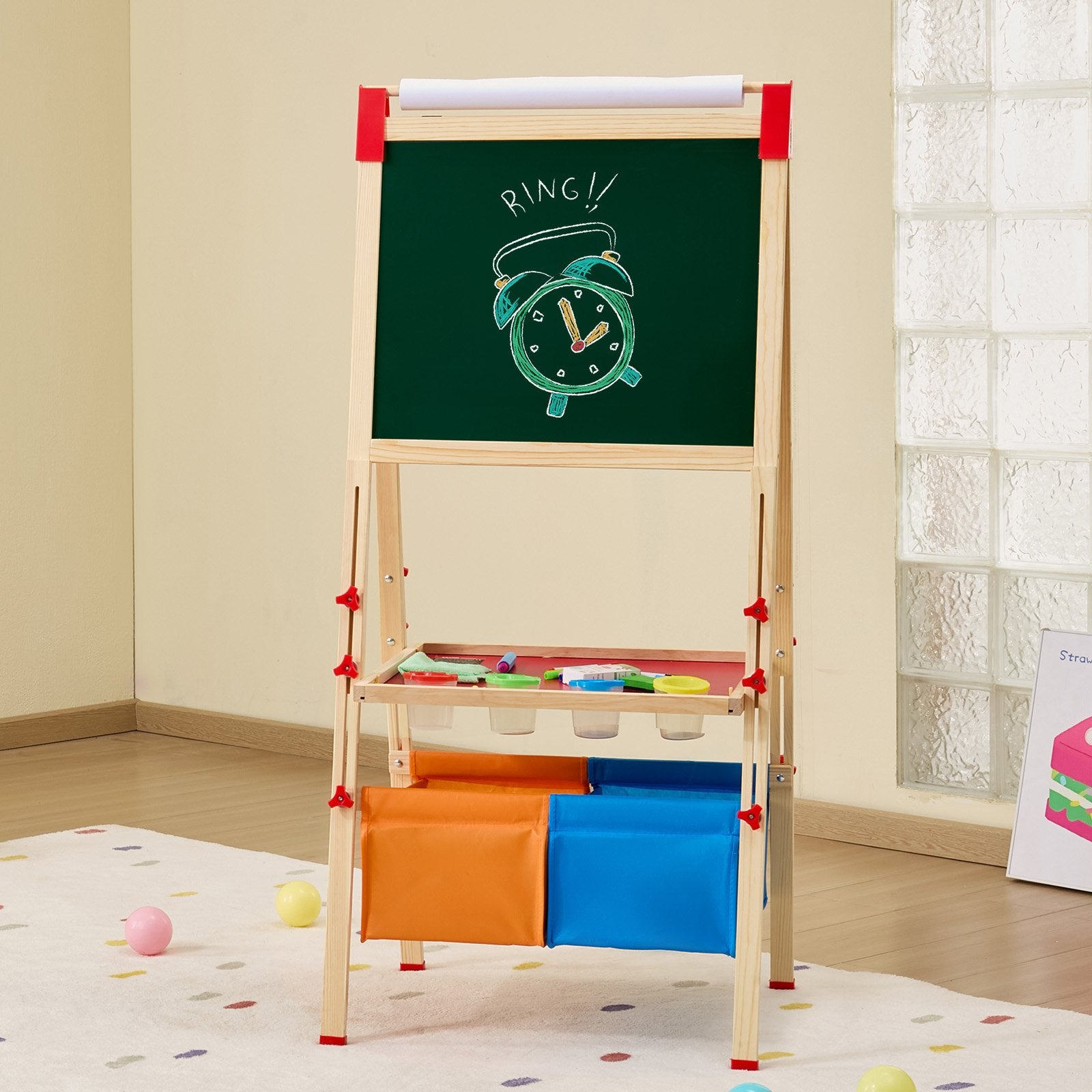 VEVOR Art Easel for Kids, 3-in-1 Wooden Double-Sided Kid's Art Easel with Magnetic Whiteboard, Chalkboard, Paper Roll, Adjustable Standing Drawing Board with Painting Accessories, Storage for Boy Girl