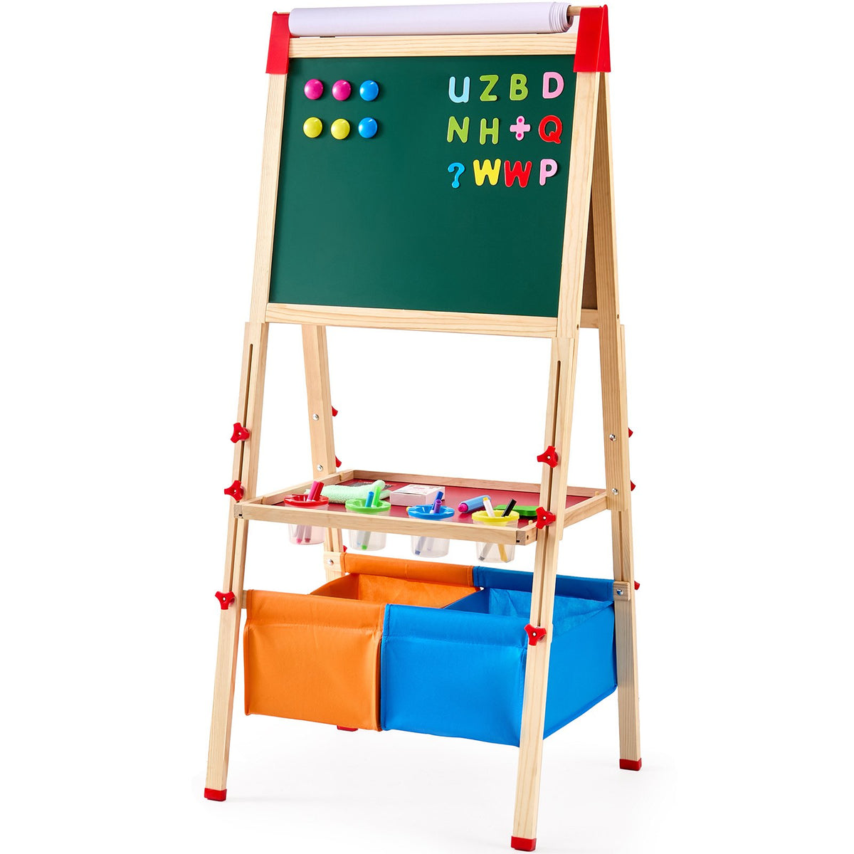 VEVOR Art Easel for Kids, 3-in-1 Wooden Double-Sided Kid's Art Easel with Magnetic Whiteboard, Chalkboard, Paper Roll, Adjustable Standing Drawing Board with Painting Accessories, Storage for Boy Girl