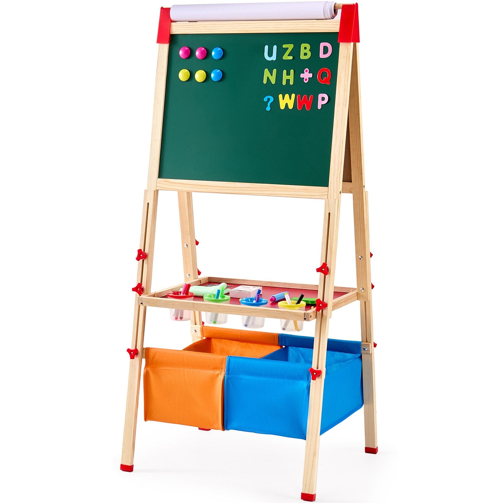 VEVOR Art Easel for Kids, 3-in-1 Wooden Double-Sided Kid's Art Easel with Magnetic Whiteboard, Chalkboard, Paper Roll, Adjustable Standing Drawing Board with Painting Accessories, Storage for Boy Girl
